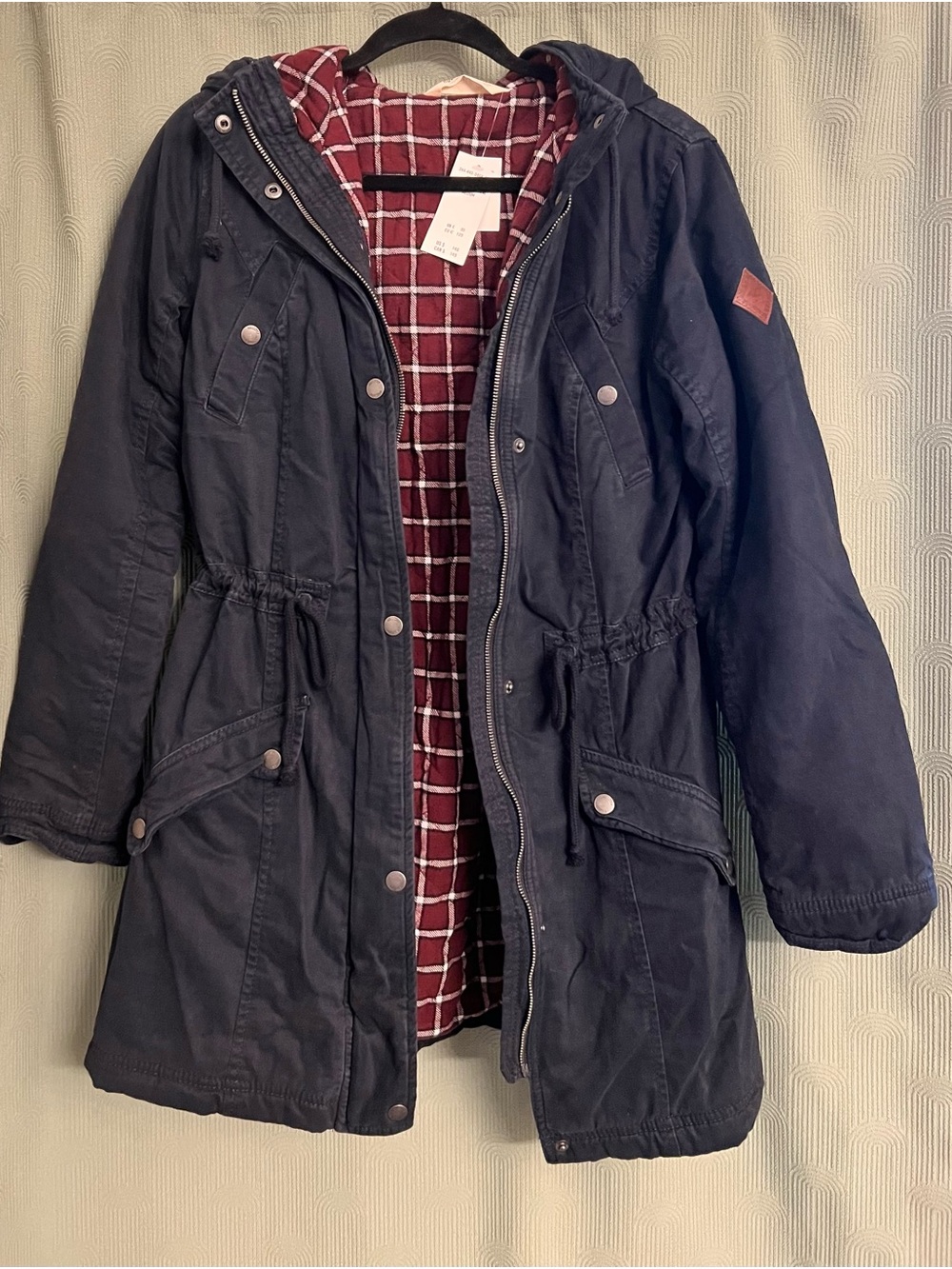 Hollister Navy Hooded Utility Jacket with Red Plaid Lining